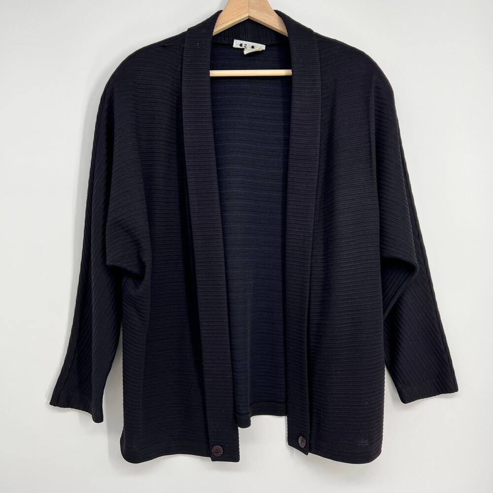 Vtg Devon Open Front Batwing Jacket Cardigan Womens Medium Black Ribbed Knit USA